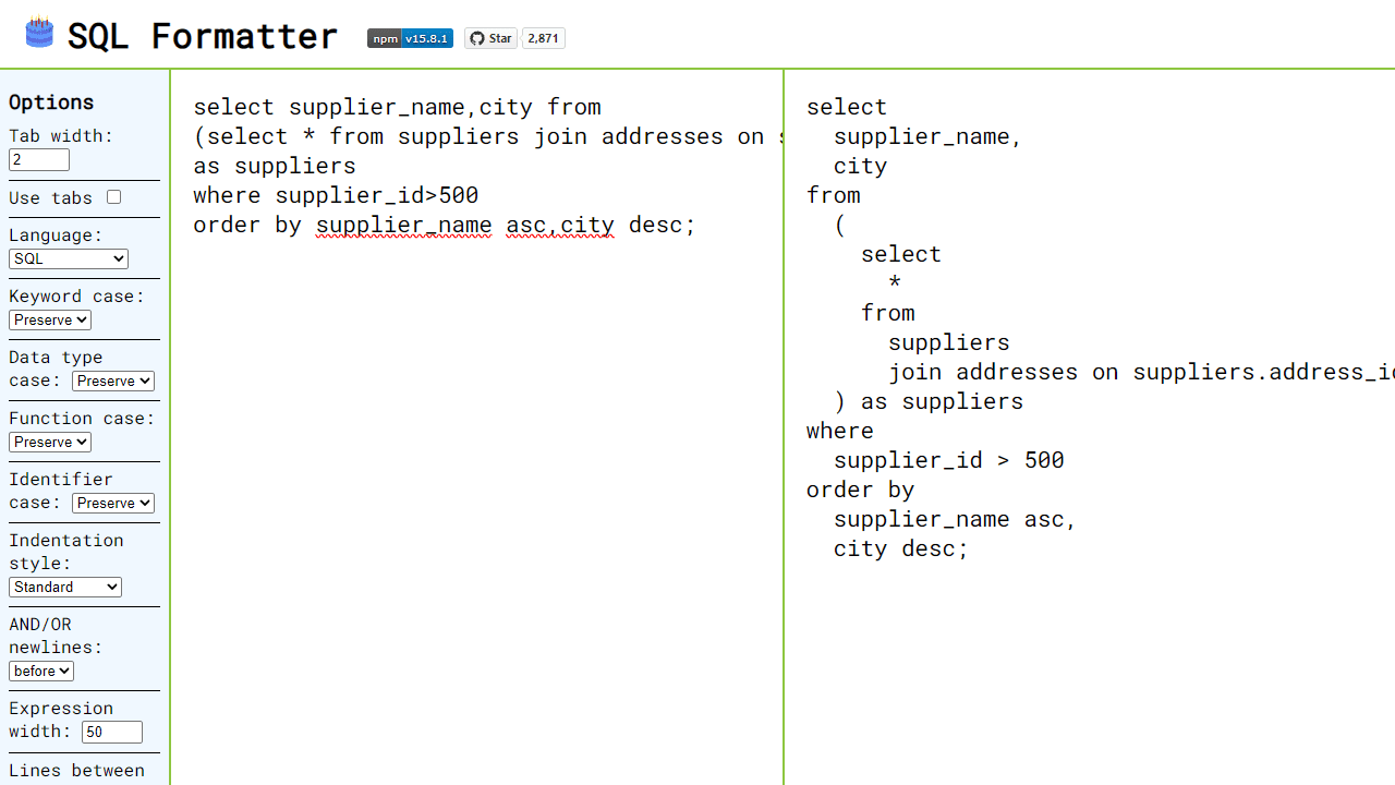SQL Formatter screenshot 1